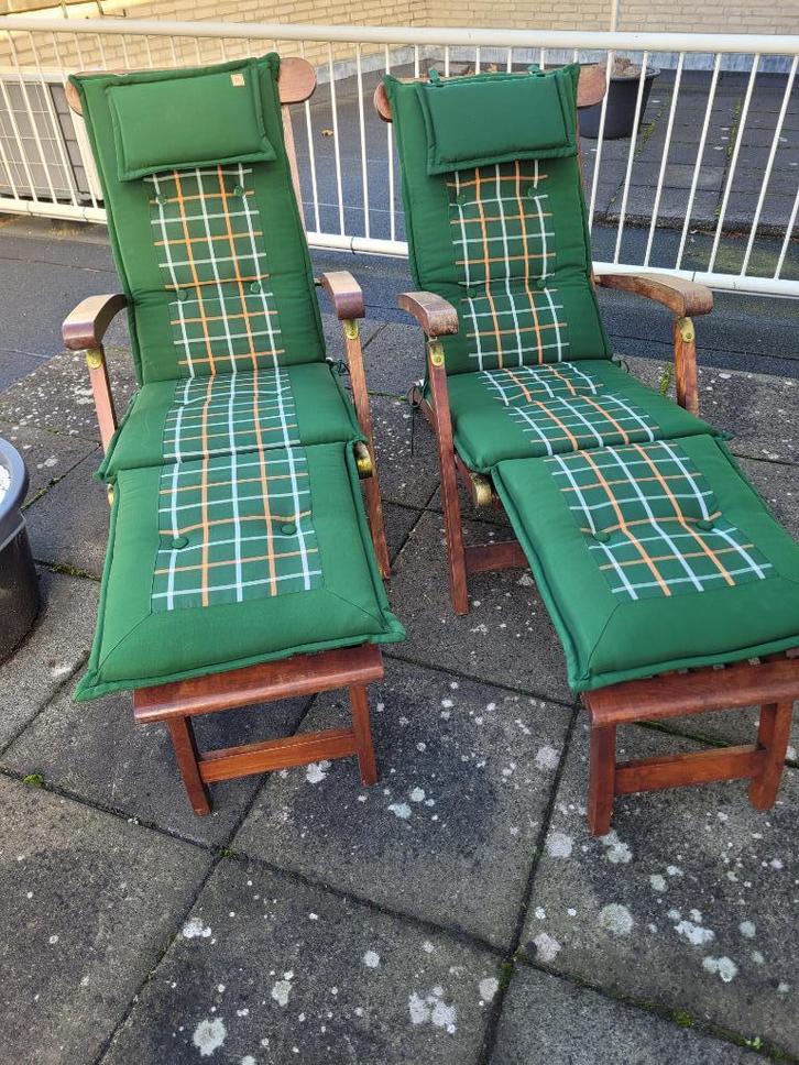 deck chairs, 2 stuks, zware kwaliteit met kussens, Tuin en Terras, Tuinstoelen, Zo goed als nieuw, Hout, Ophalen of Verzenden