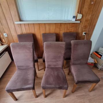 6 Bruine Eetkamerstoelen - Stof & Hout beschikbaar voor biedingen