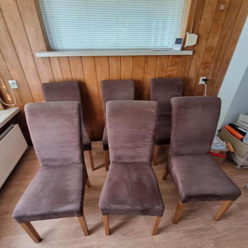 6 Bruine Eetkamerstoelen - Stof & Hout, Huis en Inrichting, Stoelen, Gebruikt, Vijf, Zes of meer stoelen, Hout, Stof, Bruin, Ophalen