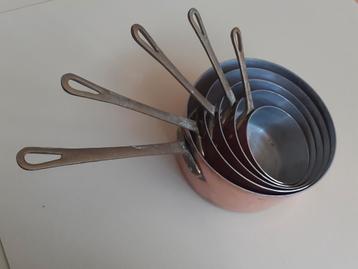 Koperen Franse pannenset, 5 delig. Pannen beschikbaar voor biedingen