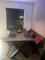 Eettafel cross industrieel compleet met bankje/stoelen ZGAN!, Huis en Inrichting, Ophalen, 50 tot 100 cm, Zo goed als nieuw, Vijf personen of meer