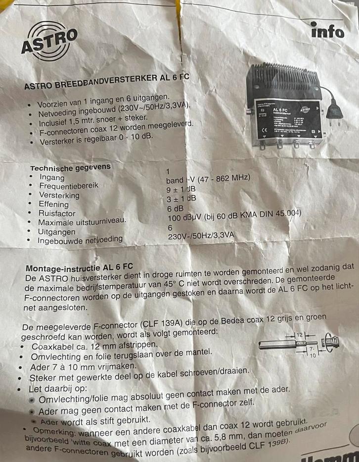 CAI Versterker Astro AL 6 FC, Audio, Tv en Foto, Schotelantennes, Gebruikt, (Schotel)antenne, Overige merken, Ophalen