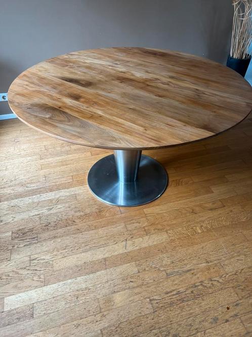 Ronde eettafel – hout met RVS voet, Huis en Inrichting, Woonaccessoires | Etagères, Zo goed als nieuw, Ophalen of Verzenden