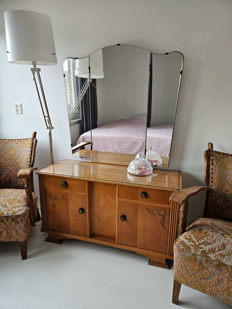 Antieke Kaptafel met Spiegel drieluik, 100 tot 150 cm, Antiek, Ophalen, Gebruikt