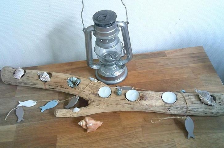 Houten decoratie stronk voor theelichtjes kandelaar, Antiek en Kunst, Curiosa en Brocante, Ophalen of Verzenden