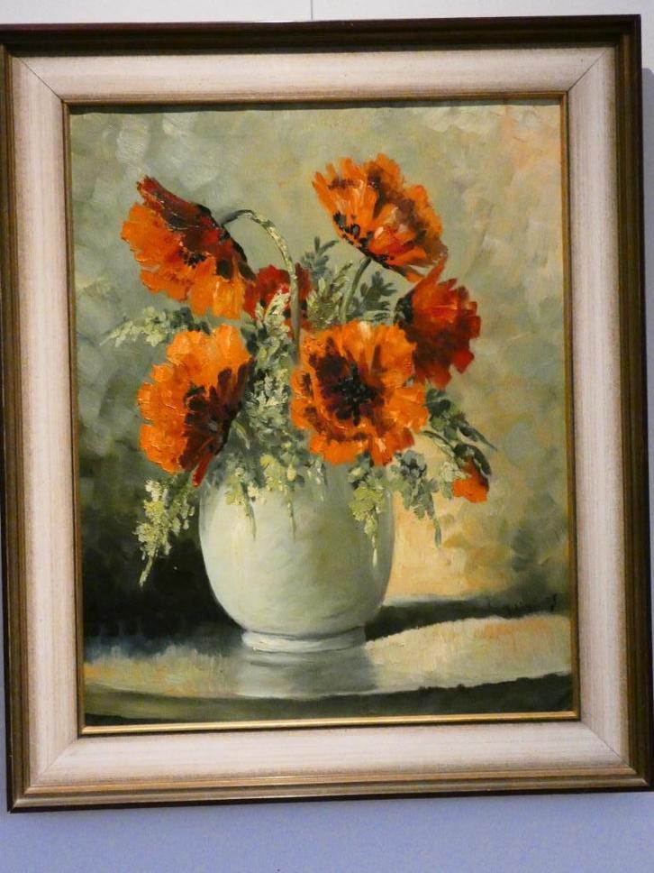 Olieverf: Klaprozen op een vaas door Tilly Moes, Antiek en Kunst, Kunst | Schilderijen | Klassiek, Ophalen of Verzenden