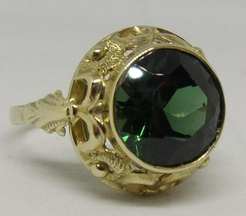 Prachtige antieke gouden Art Deco ring met groene Toermalijn, Sieraden, Tassen en Uiterlijk, Antieke sieraden, Ring, Goud, Met edelsteen