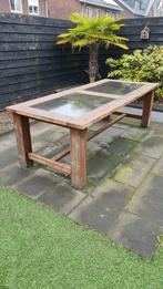 GRATIS: Houten tuintafel met granieten bladen, Tuin en Terras, Tuintafels, Ophalen, Gebruikt, Rechthoekig, Hout