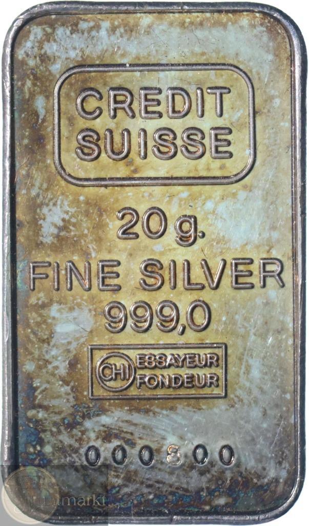 Zilver 999/1000 - Baar 20 gram Credit Suisse, Postzegels en Munten, Edelmetalen en Baren, Zilver, Ophalen of Verzenden