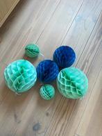Honeycombs / pom poms blauw en zeegroen, Hobby en Vrije tijd, Ophalen of Verzenden, Zo goed als nieuw, Versiering, Verjaardag