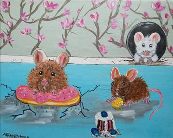 Schilderij Muizen snoepen in vrolijk acryl op canvas  beschikbaar voor biedingen