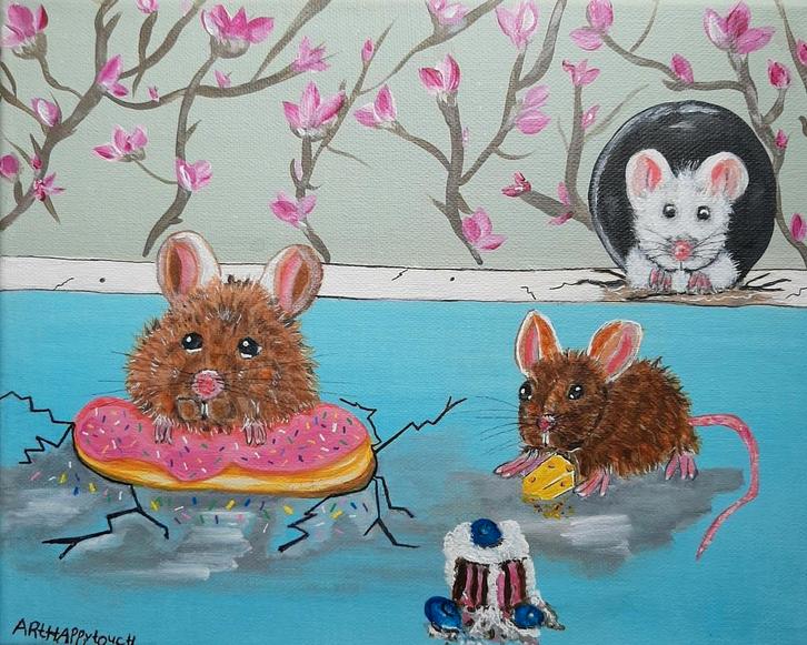 Schilderij Muizen snoepen in vrolijk acryl op canvas, Antiek en Kunst, Kunst | Schilderijen | Modern, Ophalen of Verzenden
