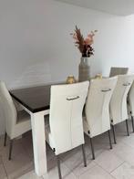 Eetkamertafel plus 6 leder stoelen, Ophalen, Zo goed als nieuw, 4 tot 6 stoelen