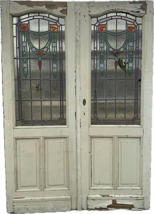 Set glas in lood deuren openslaand jugendstil 203x143cm., Antiek en Kunst, Curiosa en Brocante, Ophalen