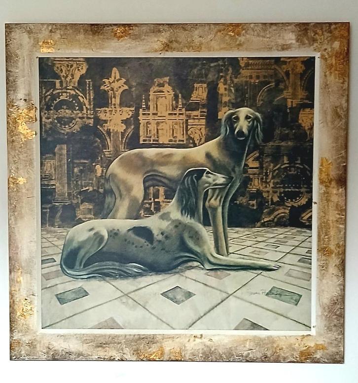 Groot werk met 2 saluki honden windhond, Huis en Inrichting, Woonaccessoires | Schilderijen, Tekeningen en Foto's, Zo goed als nieuw