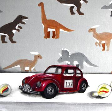 Oude Matchbox VW Kever, geschilderd op doek ingelijst beschikbaar voor biedingen