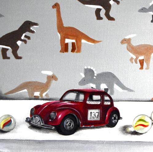 Oude Matchbox VW Kever, geschilderd op doek ingelijst, Antiek en Kunst, Kunst | Schilderijen | Modern, Ophalen of Verzenden