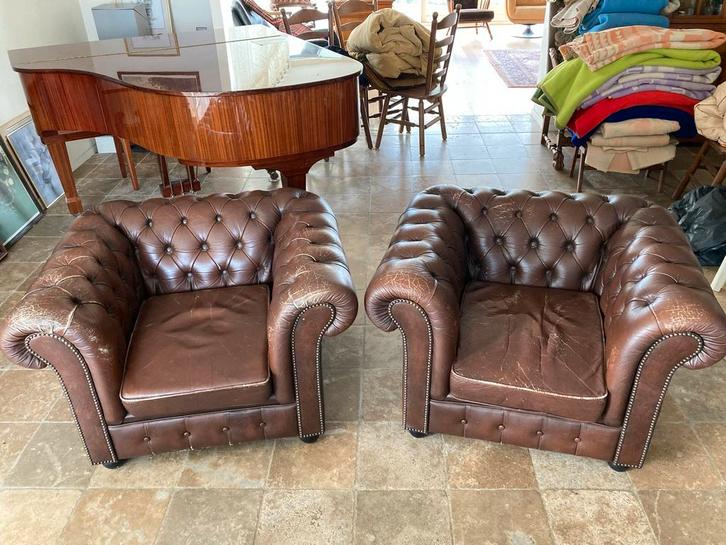 Chesterfield Fauteuils (2x) - Gebruikt leer, Huis en Inrichting, Fauteuils, Gebruikt, Leer, 75 tot 100 cm, Ophalen