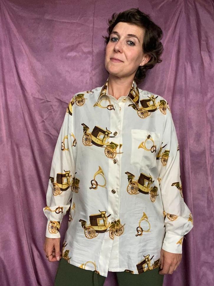 Vintage blouse - print - gouden koets - creme - 38/M, Kleding | Dames, Blouses en Tunieken, Gedragen, Maat 38/40 (M), Wit, Ophalen of Verzenden