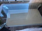 Glazen tafel met zwarte leren poten, Ophalen, Gebruikt, 100 tot 150 cm, 50 tot 100 cm