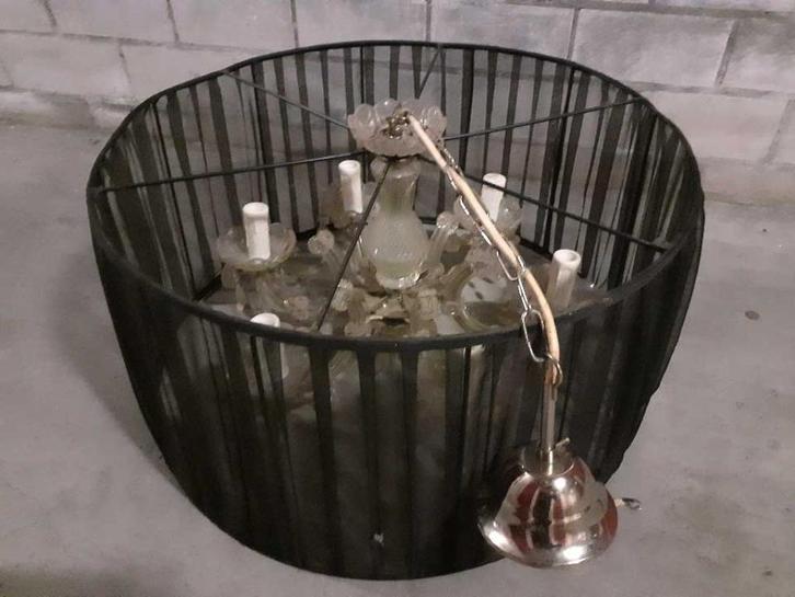 GRATIS: grote kroonluchter (58cm br.) 6x E14 textiel+glas c3, Huis en Inrichting, Lampen | Kroonluchters, Glas, Ophalen