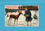 Mooie oude kerstkaart M340 - Meisje voert hertje  ca1910, Verzamelen, Verzenden, Voor 1920, Gelopen, Kinderen