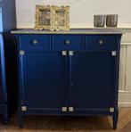 Antiek klein dressoir, vintage kastje commode oude kast VdlM, Huis en Inrichting, Ophalen, 100 tot 150 cm, Zo goed als nieuw, Hotel Chique donkerblauw blauw goud Hollywood Regency brocante