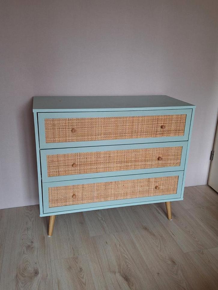 Mintgroene bohemian/webbing ladekast Sweeek, Huis en Inrichting, Kasten | Ladekasten, Zo goed als nieuw, Minder dan 100 cm, 50 tot 100 cm