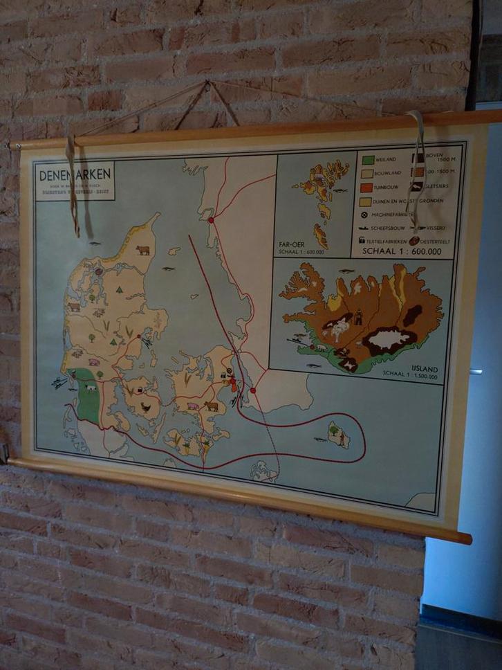 Oude schoolkaart Denemarken, IJsland & Faeröer - 110x85cm, Antiek en Kunst, Antiek | Schoolplaten, Aardrijkskunde, Verzenden