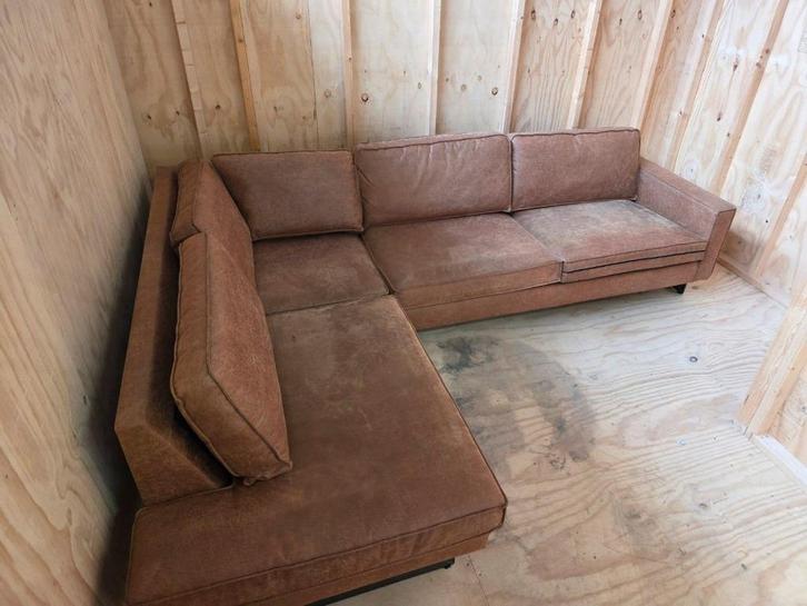 Stijlvolle Cognac Neplederen Hoekbank met Ottoman 2,85x2,10, Huis en Inrichting, Banken | Complete zithoeken, Gebruikt, Ophalen