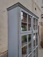 Vintage Houten Vitrinekast Blauw Grijs Grote Vitrine Kast B, Huis en Inrichting, Kasten | Vitrinekasten, Met deur(en), 150 tot 200 cm