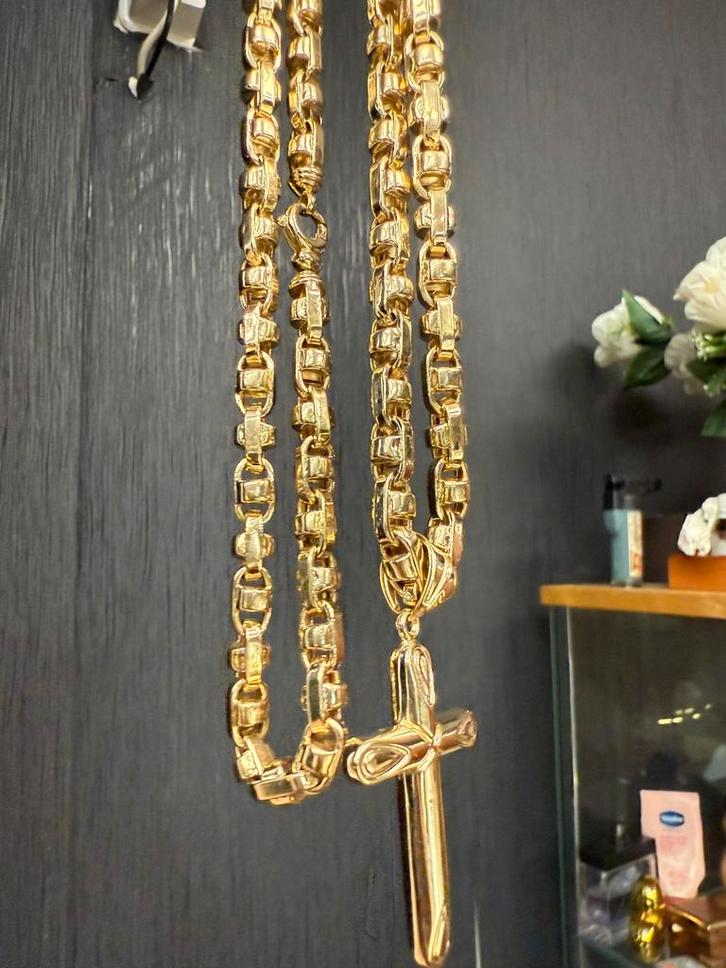 Prachtige 14k gouden monte carlo ketting met kruis, Sieraden, Tassen en Uiterlijk, Kettingen, Goud, Ophalen of Verzenden