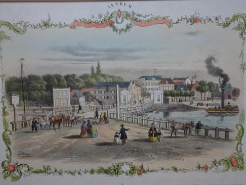 litho kleur Rijnbrug en stad Arnhem raderboot 1850 HW Last, Antiek en Kunst, Kunst | Litho's en Zeefdrukken, Verzenden
