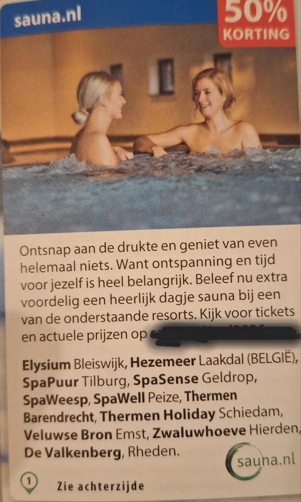 Sauna thermen spa Wellness 50% korting, Tickets en Kaartjes, Kortingen en Cadeaubonnen, Twee personen, Spa of Sauna, Kortingsbon