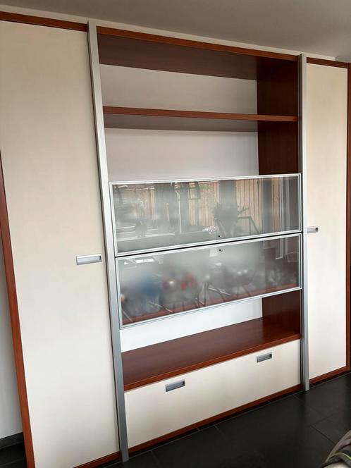 Hoge kast met glaskast en lade., Huis en Inrichting, Kasten | Buffetkasten, Zo goed als nieuw, 200 cm of meer, 25 tot 50 cm, Kersenhout