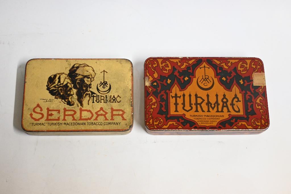 2x turmac turkish macedonian tobacco sigaretten blik, Ophalen of Verzenden, Gebruikt, Tabaksdoos of Verpakking