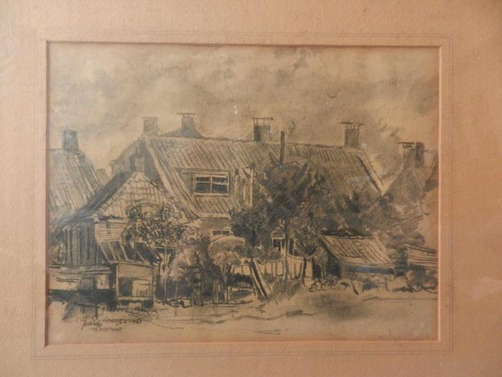Krijttekening Huizen in Hoogezand Poppe Damave 1946 22x29 cm, Antiek en Kunst, Kunst | Tekeningen en Foto's, Ophalen of Verzenden