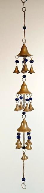 Windgong, hanger met messing bellen en blauwe glas kralen., Ophalen of Verzenden