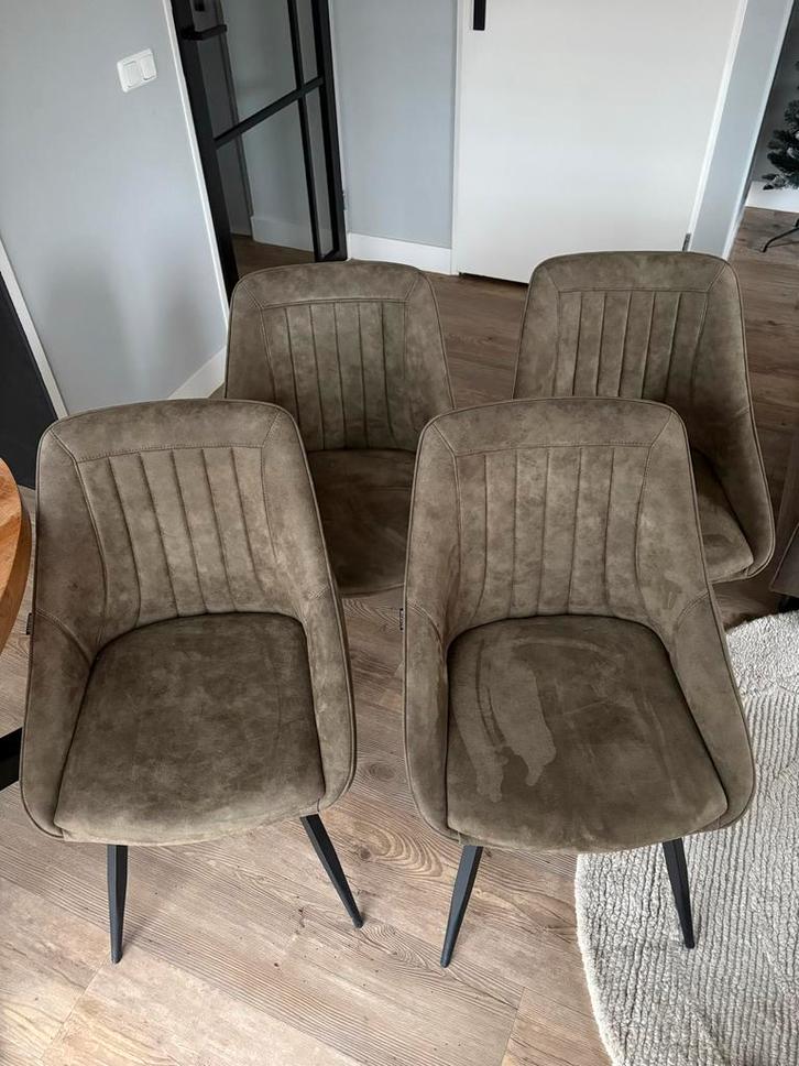 4 groene microleder eetkamerstoelen, Huis en Inrichting, Stoelen, Zo goed als nieuw, Vier, Stof, Overige kleuren, Ophalen
