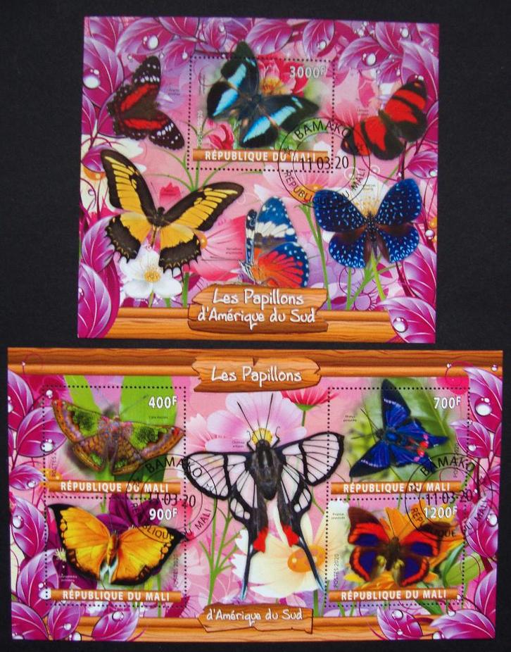 - 659 - 2 Kleurrijke Blokken met Vlinders., Postzegels en Munten, Postzegels | Thematische zegels, Gestempeld, Dier of Natuur