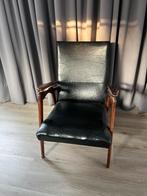 Unieke mid-century rokersstoel – Hout & zwart skai, Ophalen