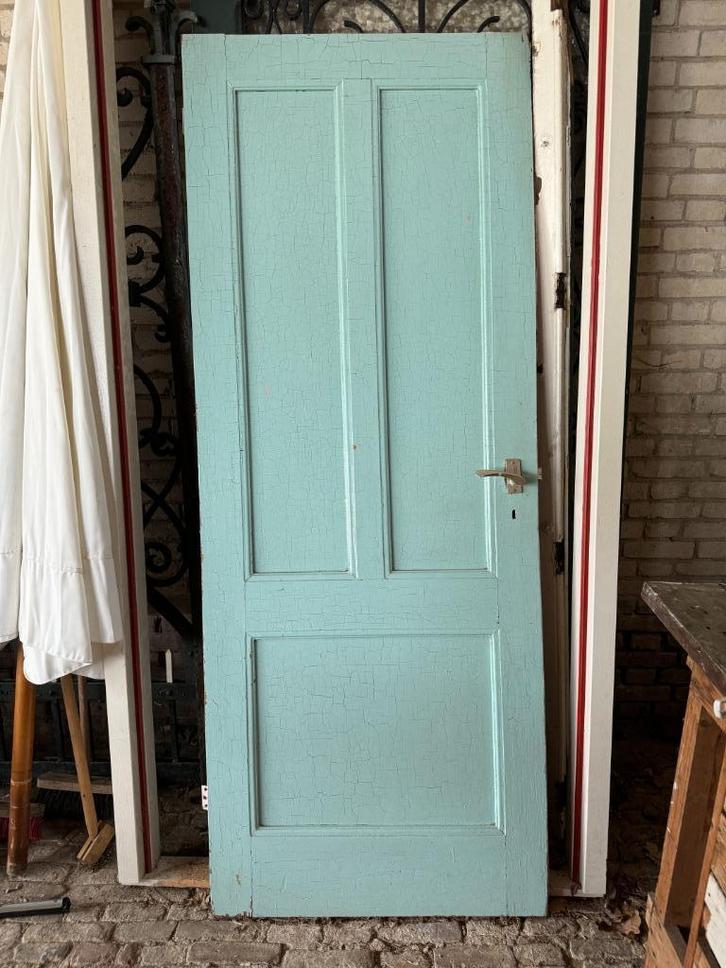 Vintage binnendeur paneeldeur patina mintgroen roze stomp, Doe-het-zelf en Verbouw, Deuren en Horren, Gebruikt, Binnendeur, 200 tot 215 cm