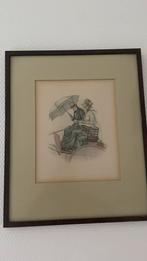 Antieke prent van koets met figuren, Ophalen