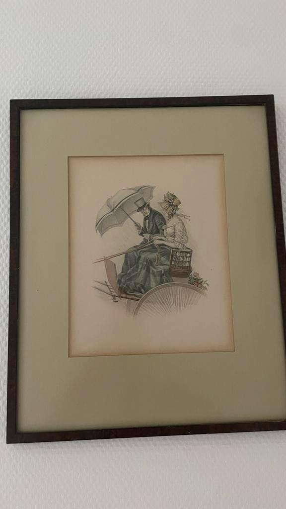 Antieke prent van koets met figuren, Antiek en Kunst, Kunst | Etsen en Gravures, Ophalen