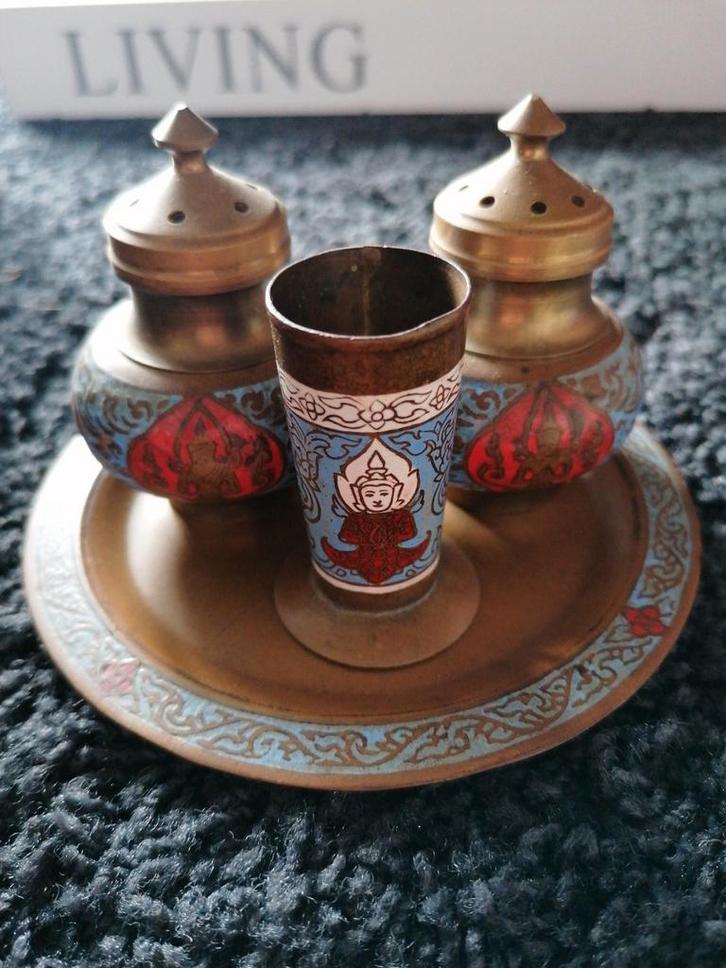 Antiek peper en zout stel met dienblad, Antiek en Kunst, Antiek | Koper en Brons, Ophalen of Verzenden