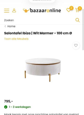 Ibiza  tafel Wit salontafel marmer 100cm zgan  beschikbaar voor biedingen