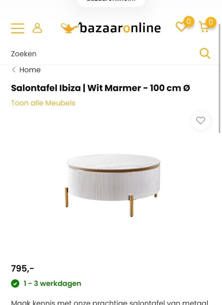 Ibiza  tafel Wit salontafel marmer 100cm zgan, Huis en Inrichting, Tafels | Eettafels, Zo goed als nieuw, 50 tot 100 cm, 100 tot 150 cm