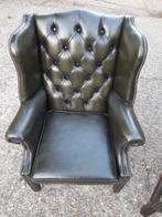 Chesterfield donker Groene lederen oorfauteuil, Ophalen, Chesterfield, Zo goed als nieuw, 75 tot 100 cm