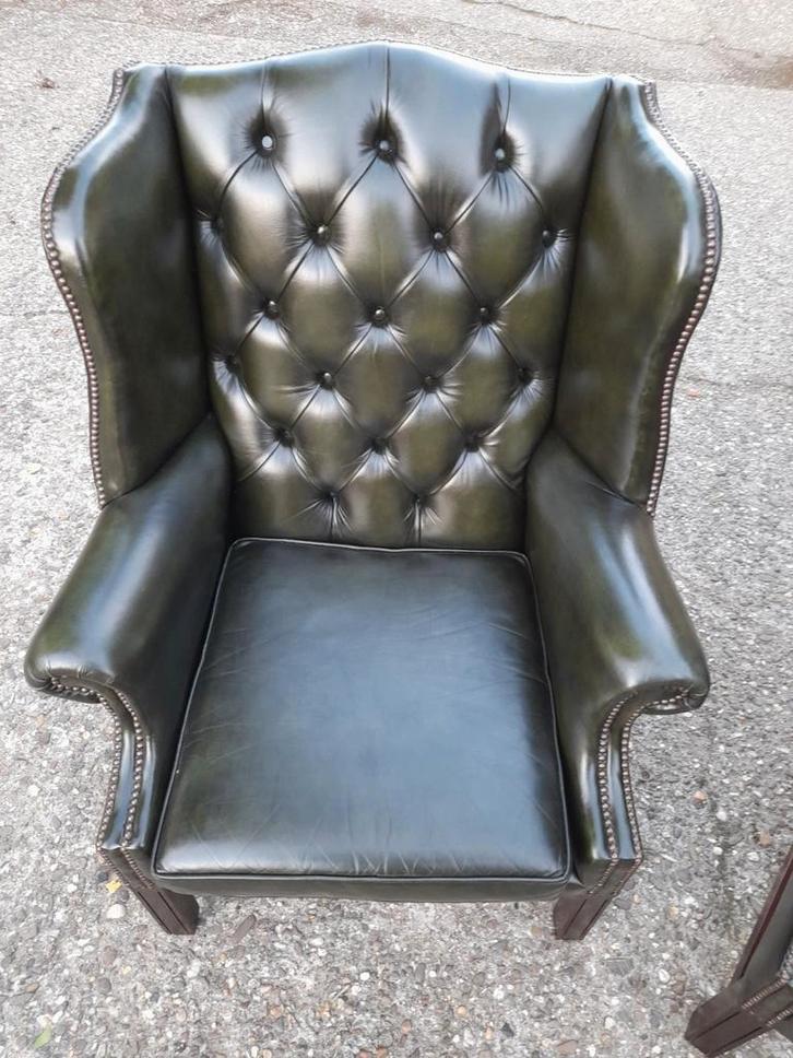 Chesterfield donker Groene lederen oorfauteuil, Huis en Inrichting, Fauteuils, Zo goed als nieuw, Leer, 75 tot 100 cm, 75 tot 100 cm