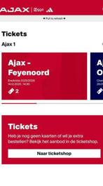 Ajax - Feyenoord 2 tickets 2e ring, Tickets en Kaartjes, Losse kaart, Twee personen, December